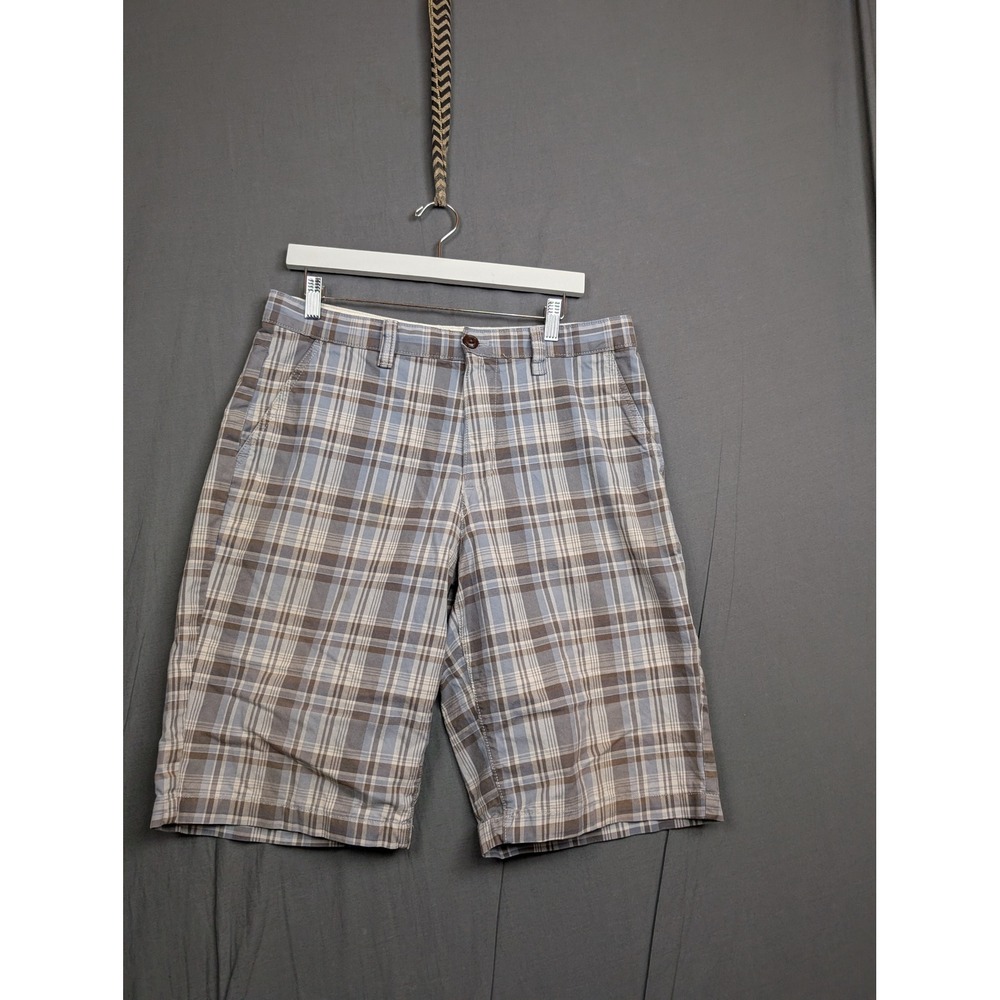 Eddie Bauer Mens 34 Plaid Chino Shorts Blue Brown Cotton Casual Outdoors‎